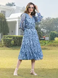 plusS Blue Floral Printed Puff Sleeve Dress