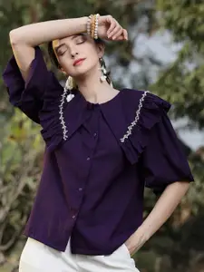 plusS Embroidered Collarless Ruffled Casual Shirt
