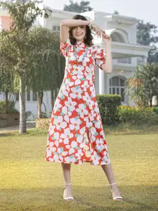 plusS Floral Print Puff Sleeves Fit & Flare Midi Dress