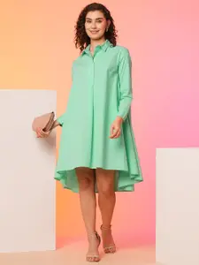 Globus Green Asymmetric Loose Fit Cotton A-Line Dress