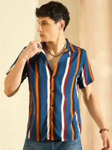 DENNISON Smart Oversized Striped Cuban Collar Casual Shirt