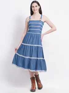 SUMAVI-FASHION Striped Organic Cotton Denim Fit & Flare Midi Dress