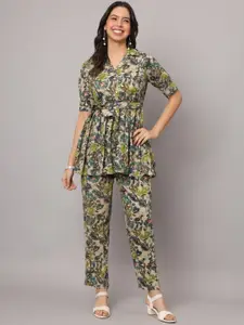 KALINI Floral Printed Flared Hemline Top With Trouser