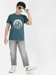 Crimsoune Club Boys Typography Printed Short Sleeves Round Neck Cotton Slim Fit T-shirt