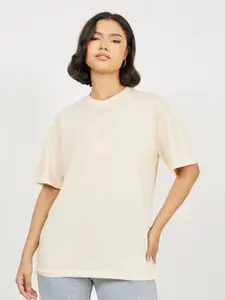 Styli Cream Coloured Oversized Longline Cotton T-shirt