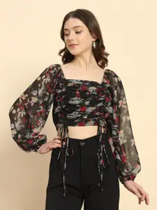 Trend Arrest Floral Printed Square Neck Puffed Sleeves Georgette Ruched Crop Top