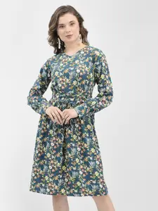 Crimsoune Club Floral Print Cotton V-Neck Puff Sleeve Fit & Flare Dress