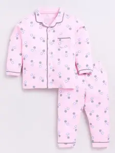BABY GO Girls Geometric Printed Lapel Collar Pure Cotton Night Suit