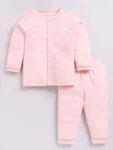 BABY GO Girls Geometric Printed Lapel Collar Pure Cotton Night Suit