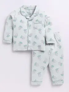 BABY GO Girls Conversational Printed Lapel Collar Pure Cotton Night Suit