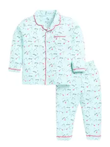 BABY GO Girls Conversational Printed Lapel Collar Pure Cotton Night Suit
