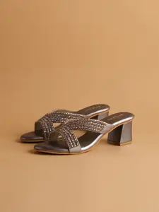 ERIDANI Roisin Embellished Gunmetal Block Heel Sandal