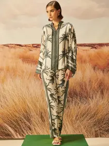 DUSK ATTIRE Printed V-Neck Top & Mid-Rise Trouser Co-Ords
