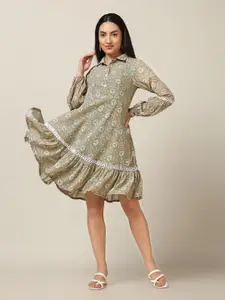 FASHION DREAM Women Shirt Collar Cuffed Sleeves A-line Floral Dress