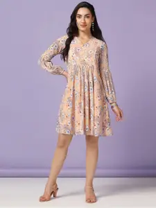 FASHION DREAM Women V- neck Puff Sleeves Floral Empire Dress