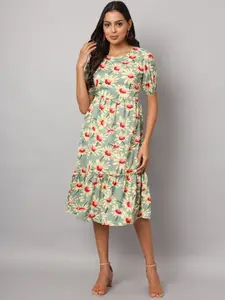 BRINNS Floral Print Puff Sleeve Fit & Flare Midi Dress