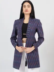 INDOPHILIA Printed Shawl Collar Long Sleeves Open Front Longline Cotton Blazer