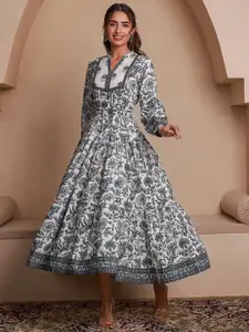 GULAB CHAND TRENDS Floral Printed Mandarin Collar Cotton A-Line Ethnic Dresses