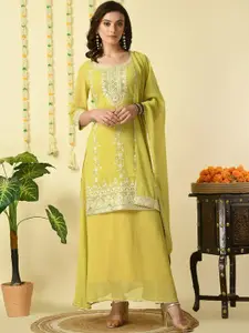 KALINI Round Neck Floral Embroidered Thread Work Kurta with Skirt & With Dupatta