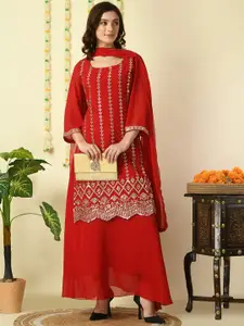 KALINI Round Neck Bell Sleeves Sequined Embroidered Straight Kurta with Skirt & Dupatta