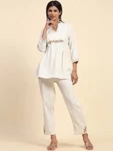 Phenav Floral Embroidered Mandarin Collar Linen Top With Trousers