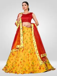 BAESD Semi-Stitched Organza Printed Lehenga & Unstitched Blouse With Dupatta
