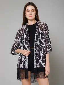 PURYS Abstract Printed Tasselled Detail Longline Open Front Shrug