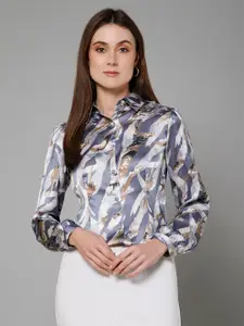 PURYS Smart Abstract Printed Spread Collar Long Sleeves Satin Casual Shirt
