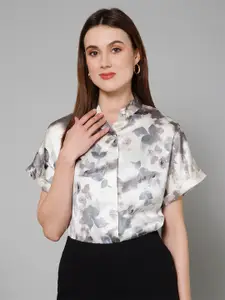 PURYS Smart Floral Printed Band Collar Short Sleeves Satin Casual Shirt