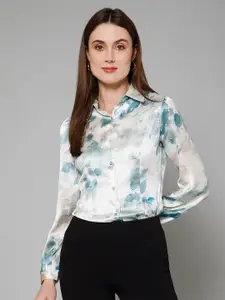 PURYS Smart Floral Printed Spread Collar Long Sleeves Satin Casual Shirt
