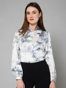 PURYS Smart Floral Printed Spread Collar Long Sleeves Satin Casual Shirt