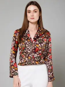 PURYS Smart Floral Printed Cuban Collar Long Sleeves Satin Casual Shirt