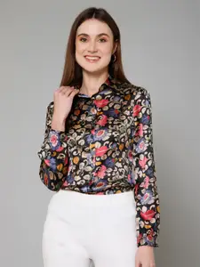 PURYS Smart Floral Printed Spread Collar Long Sleeves Satin Casual Shirt