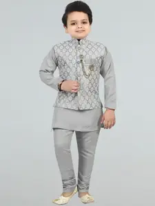 BT DEZINES Boys Regular Raw Silk Mandarin Collar Kurta with Churidar With Waistcoat
