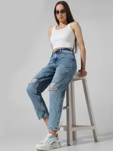 ONLY Women Straight Fit High-Rise Mildly Distressed Heavy Fade Jeans
