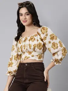 SHOWOFF Floral Printed Square Neck Puff Sleeves Crop Top