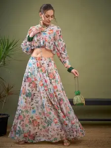 Shae by SASSAFRAS White Floral Printed Peplum Crop Top With Anarkali Skirt