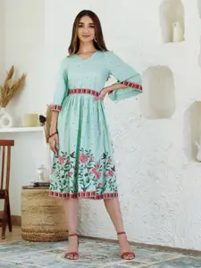 Rustorange Floral Printed A-Line Dress with Belt