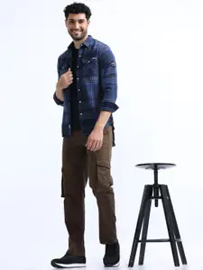 FLY 69 Premium Slim Fit Checked Denim Weave Cotton Casual Shirt