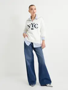 Koton Typography Printed Cotton Hood Pullover Straight Sweatshirt