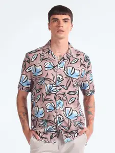 Flying Machine Floral Printed Cuban Collar Twill Casual Shirt