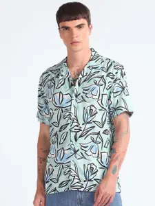 Flying Machine Floral Printed Cuban Collar Twill Casual Shirt