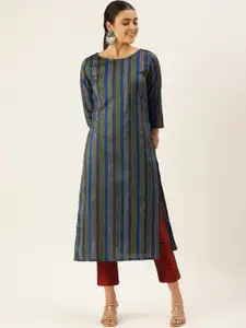 Saanjh Green & Blue Striped Printed Sequinned Straight Kurta