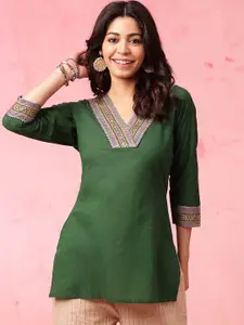 Anouk Green Woven Design Zari Straight Pure Cotton Short Kurti