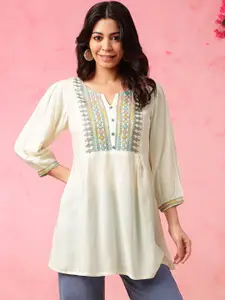 Anouk Off White Floral Embroidered Thread Work Pure Cotton A-Line Kurti
