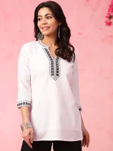 Anouk White Woven Design Thread Work Mandarin Collar Pure Cotton Straight Short Kurti