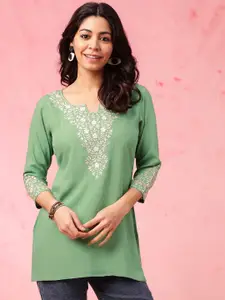 Anouk Women Floral Embroidered Keyhole Neck Flared Sleeves Thread Work Liva Kurta