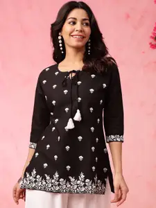 Anouk Floral Embroidered Sequinned Tie-Up Neck Pure Cotton Short Kurti