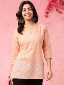 Anouk Women Floral Printed Keyhole Neck Thread Work Kurta