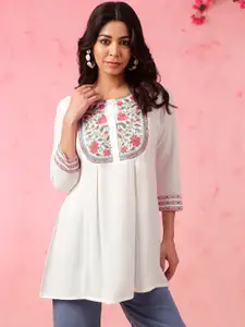 Anouk White Floral Embroidered Thread Work Liva Straight Short Kurti